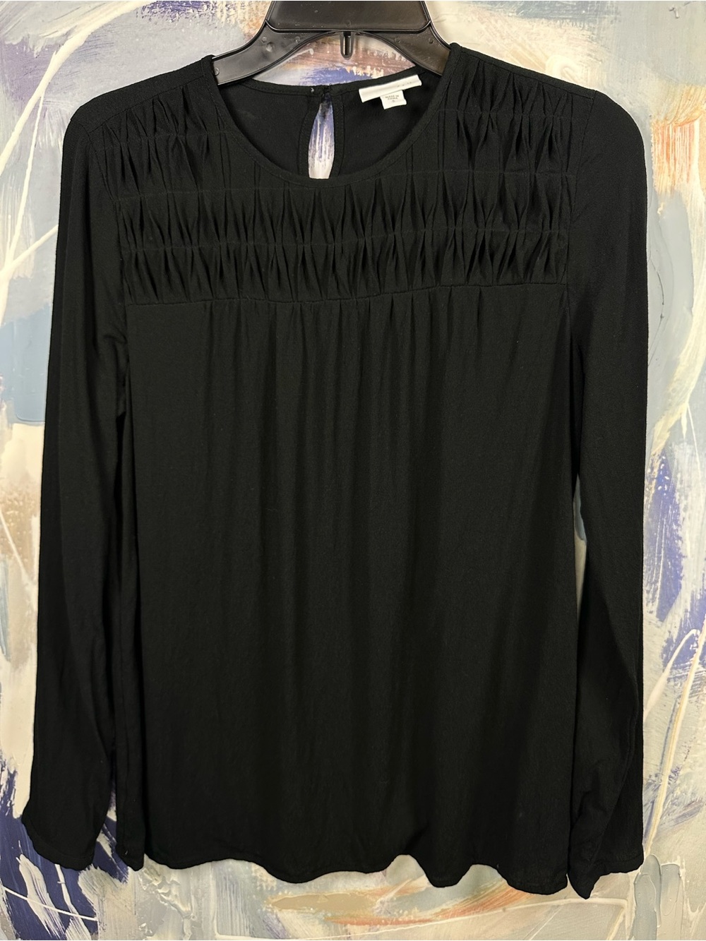 J. Jill Black Smocked Pleated Yoke Blouse Long Sleeve Rayon Top Size S